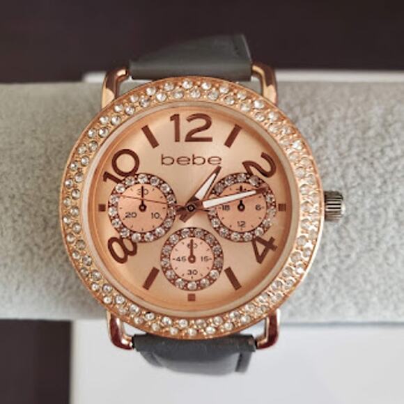 Bebe Round Rose Gold‎ Women's 40mm Watch with Crystal Accents and Gray Band - Picture 1 of 9